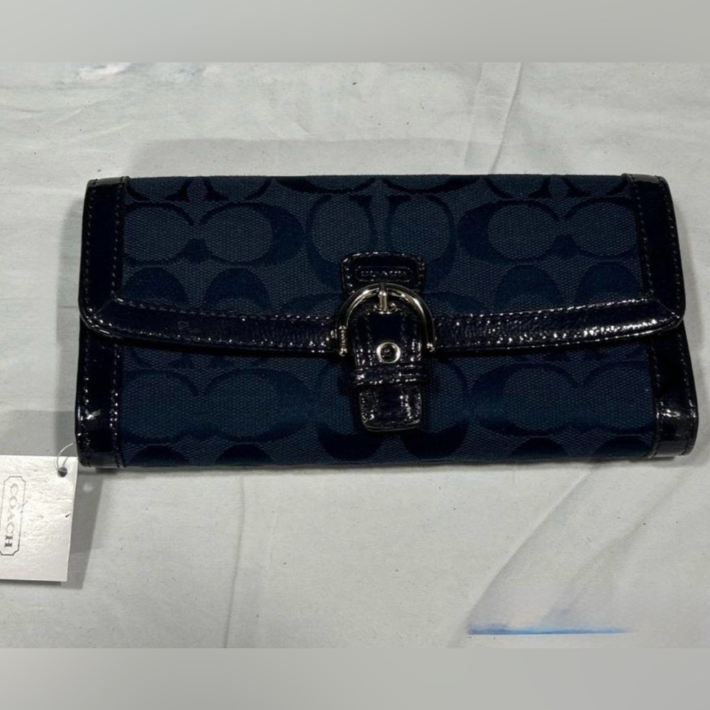 Coach Navy Blue Wallet with Patent Leather Trim and Monogram Design